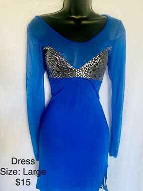 Blue Mesh Long-Sleeve Bodycon Dress with Animal Print Accent